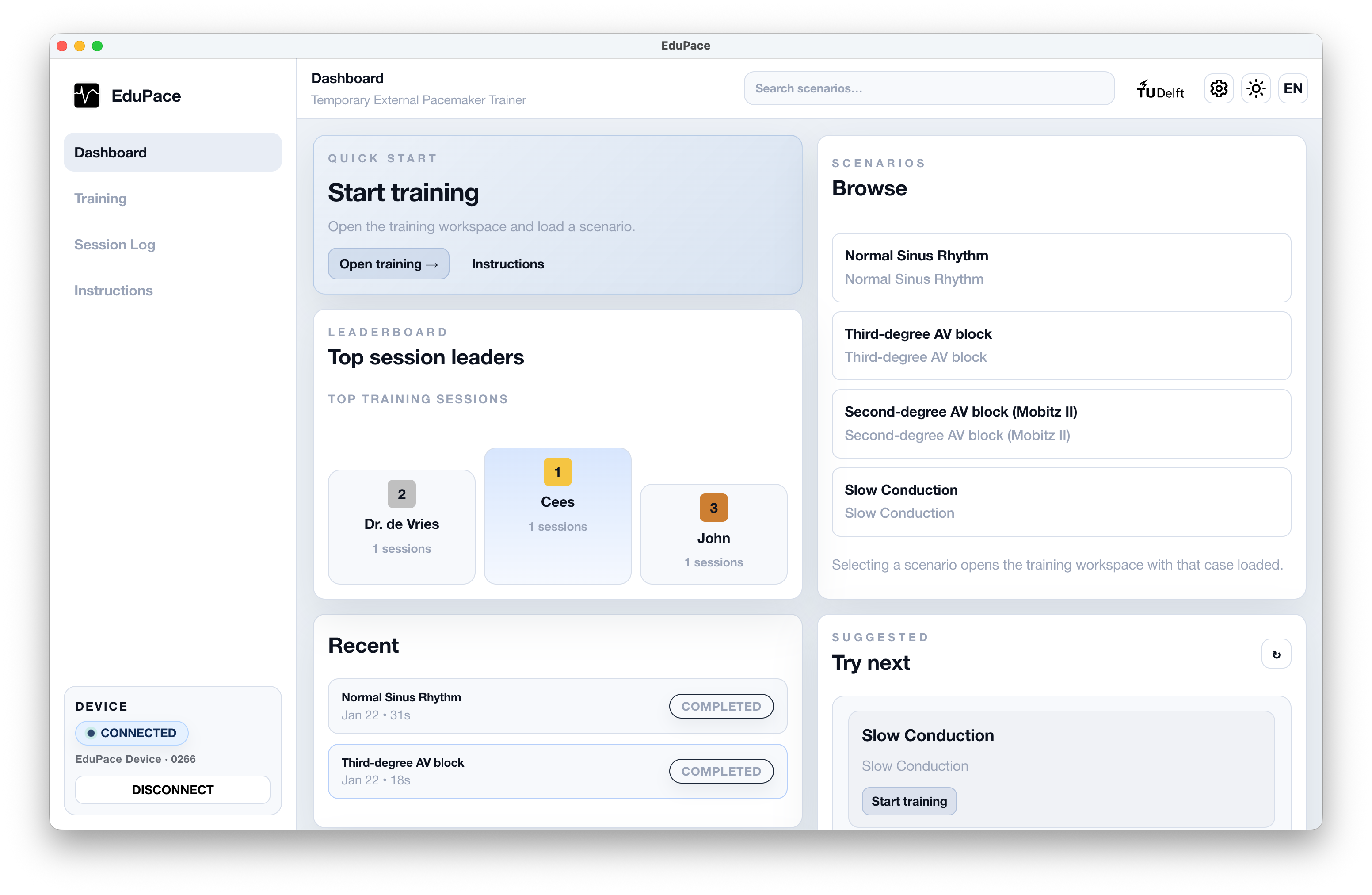 EduPace app dashboard showing pacing scenarios